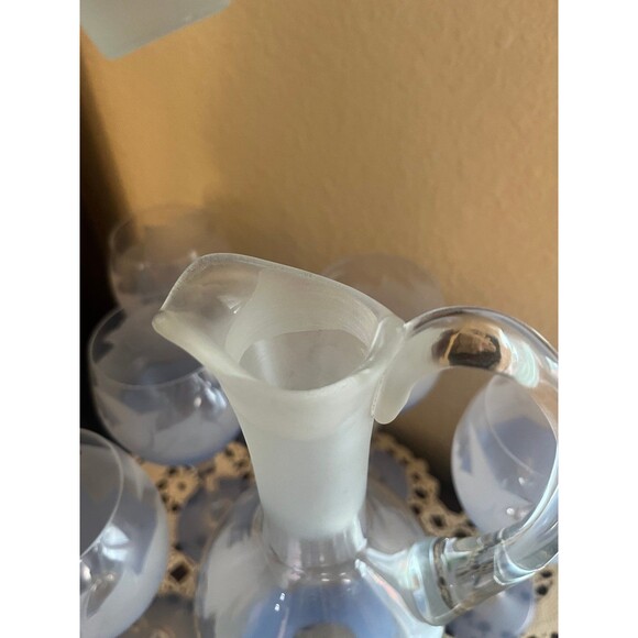 Beautiful Frosted Blue Etched Decanter and Wine Glasses - Picture 11 of 12